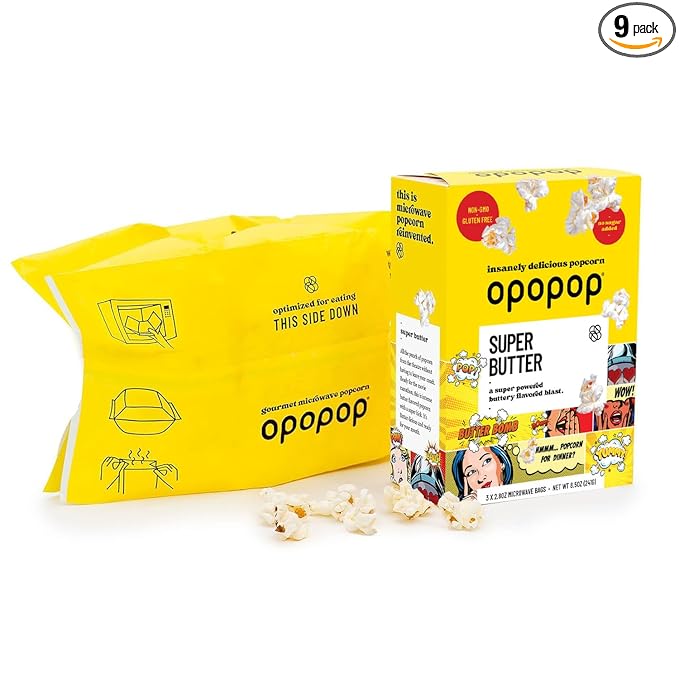 Opopop Microwave Popcorn - Super Butter 2.8 oz., 9-Count - Butter Popcorn, Flavored Popcorn, Non-GMO