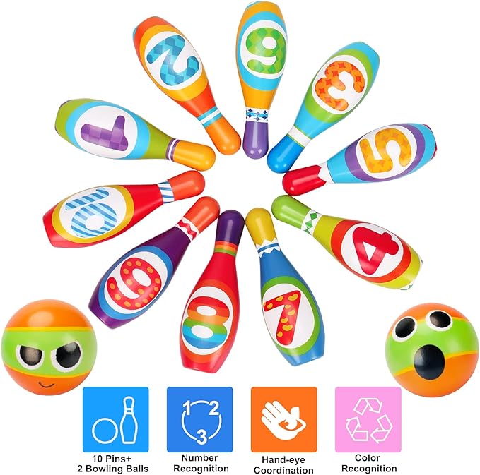 Kids Bowling Set Indoor Bowling for Toddler 1-3 3-5 Soft 10 Indoor Colorful Foam Pins 2 Bowling Ball Printed Number Developmental Sensory Toy Age 2-4 Toddler Bowling Birthday Gift Present Gift