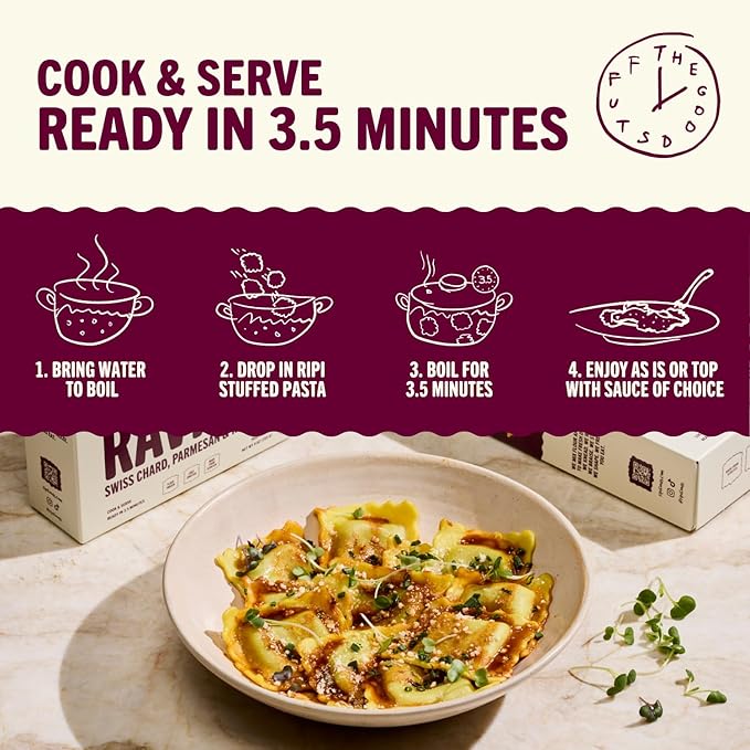 Ripi Braised Short Rib Ravioli – Red Wine, Swiss Chard & Parmesan – Frozen Pasta Meal – Ready in Under 5 Minutes, 9oz, Pack of 12