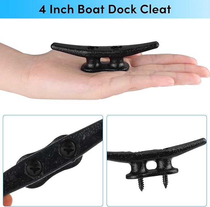 Boat Cleats 4Inch,Hot Dip Galvanized Cast Iron Dock Cleats,Electrophoretic Coated Black Dock Cleats,Rope Cleats Boat Dock Cleats for Marine Deck or Nautical Decor,Hardware Included (4/5/6/10/12Pack)