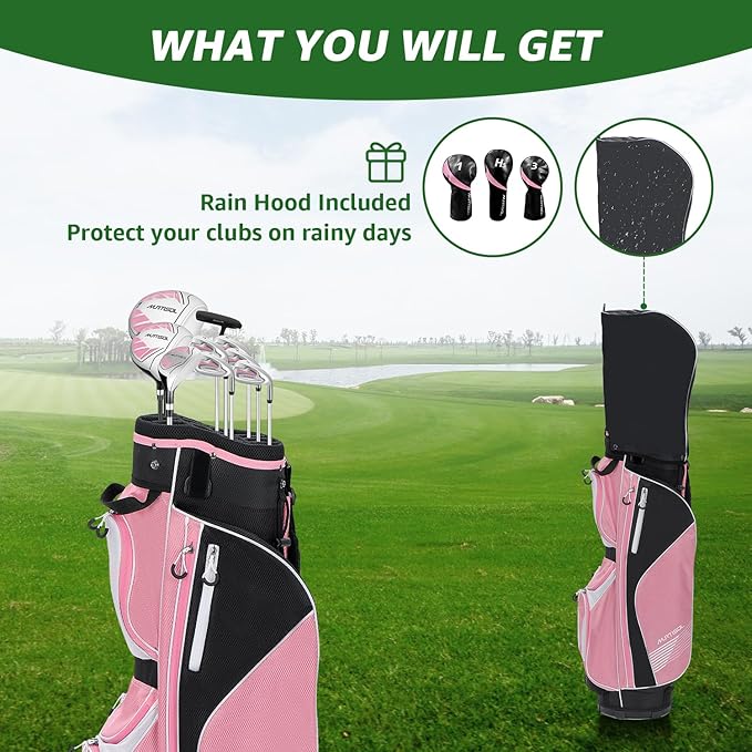 10 Pieces Complete Mens Womens Golf Clubs Set Right Hand for Men Women Includes Stand Bag with Rain Hood, 1#Driver 3#Wood #5 Hybrid,with 3 Head Covers, 6# 7# 8# 9# PW# Irons and Putter