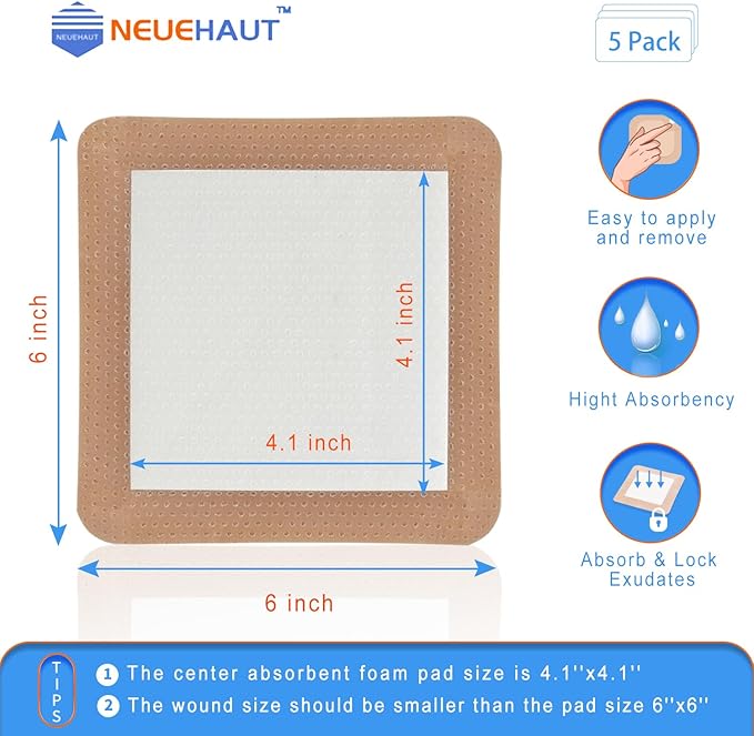 Silicone Foam Dressing with Gentle Adhesive Border 6''x6'', Bed Sore Pressure Ulcer Leg Ulcer Silicone Wound Bandage, High Absorbency Waterproof, 5 Pack by NeueHaut