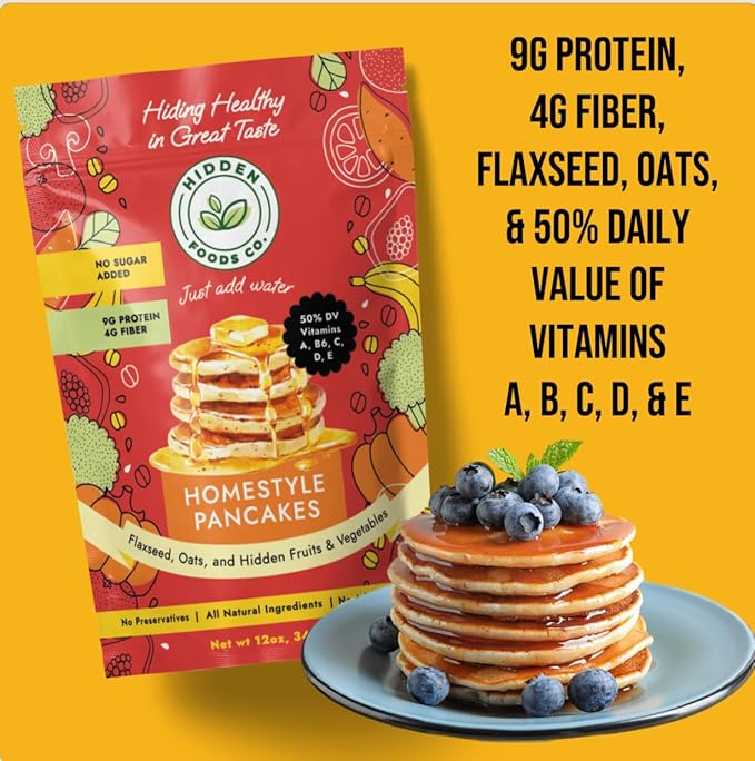 Hidden Foods Homestyle Pancake Mix Thick & Fluffy Pancake Made with Natural Oats, Flaxseed, Fruits & Vegetables | Healthy Blend of 9g Protein & 4g Fiber | Breakfast Meal Just Add Water - 2 Pack