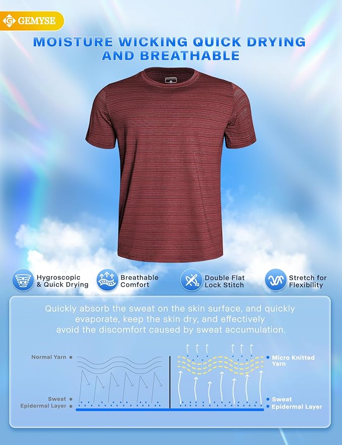 GEMYSE Men's Running Short Sleeve Shirt Sun Protection Quick Dry Moisture Wicking T-Shirts UPF 50+ for Workout