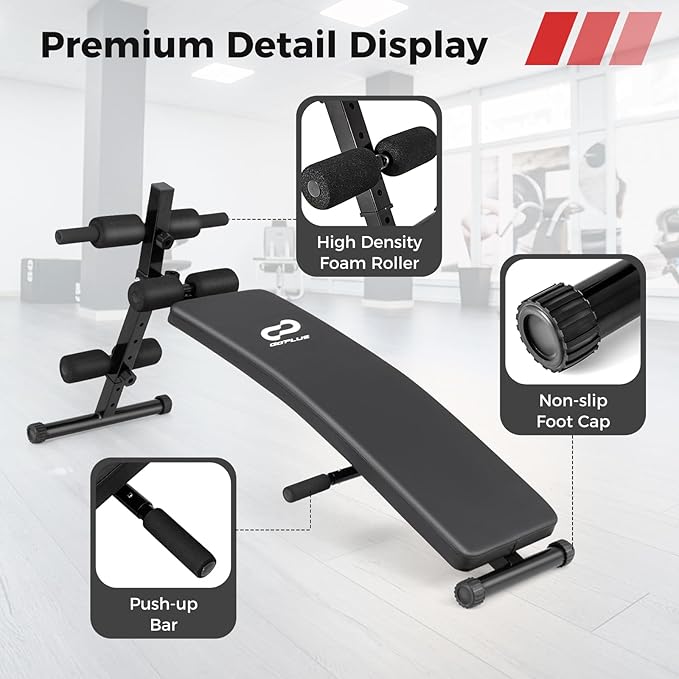 Goplus Adjustable Decline Sit Up Bench for Exercise, Foldable Curved Slant Bench with High Density Foam Cushioned Seat, Heavy Duty Metal Frame, Full Body Ab Workout Equipment for Home Gym, Black