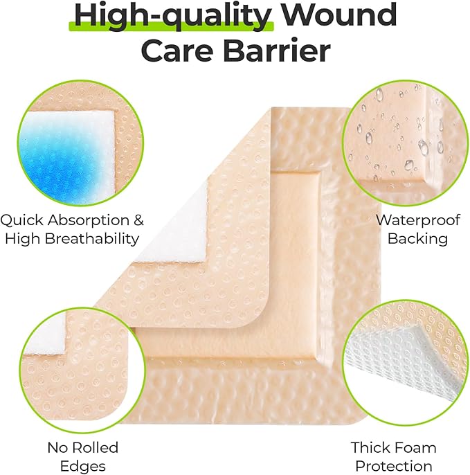 AUVON Silicone Foam Dressing with Large Adhesive Border, 3" x 3" 10 Packs Wound Dressing Bandage with High Absorbency, Waterproof Silicone Foam Pads for Wound Care & Protection Plus Cushioning