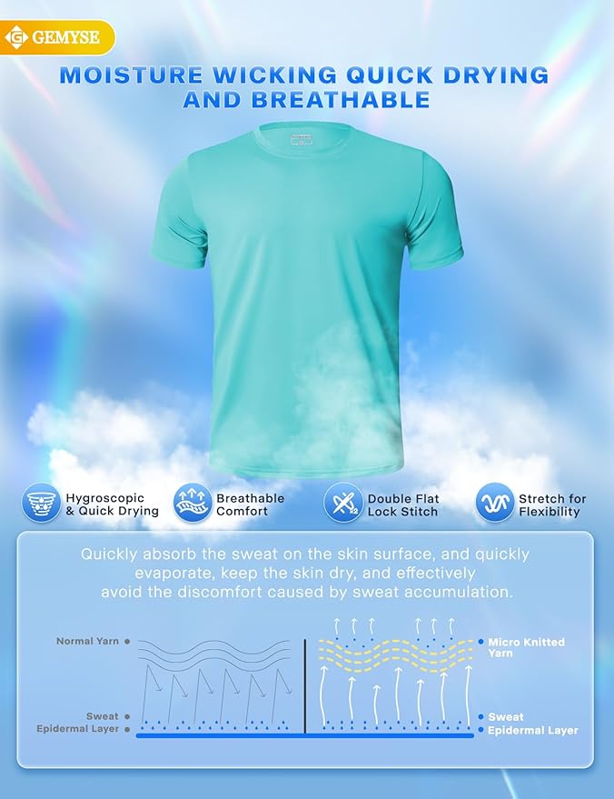 GEMYSE Men's Running Short Sleeve Shirt Sun Protection Quick Dry Moisture Wicking T-Shirts UPF 50+ for Workout