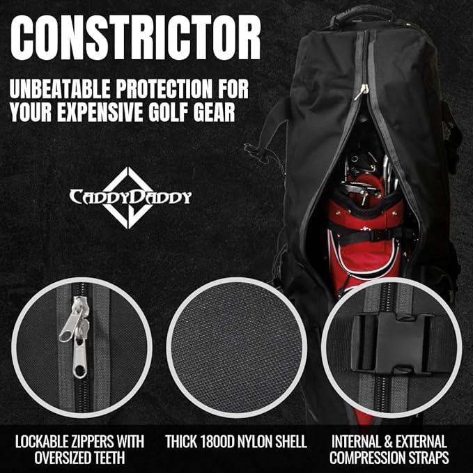CaddyDaddy Constrictor Soft-Sided Golf Travel Bag Cover with Thick Dense Foam Padded Top 1 Year Full Travel Bag Replacement Coverage | Wheels & Lockable Zippers Case for Transporting Clubs on Airlines