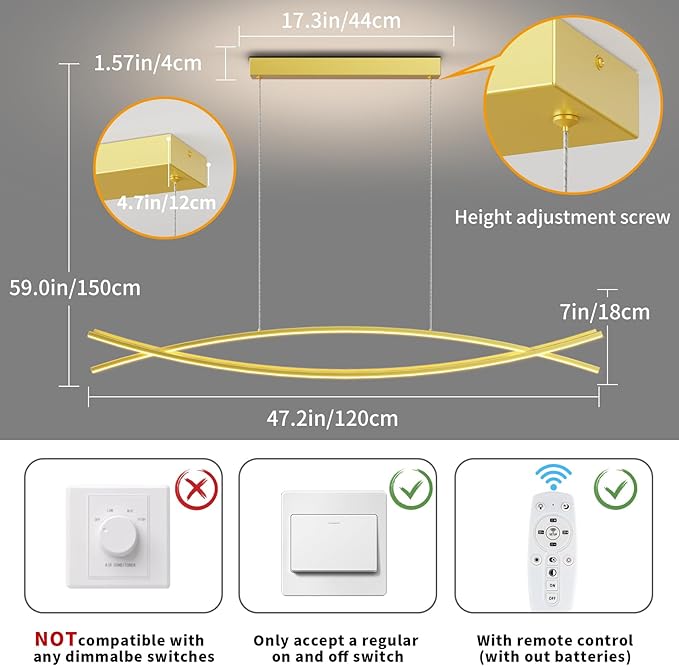 Modern LED Pendant Lights, 47in Gold Chandelier Dimmable with Remote Control 3000k-6000K Adjustable Color Temperature, Aluminum Island Lighting Lamp Fixture for Kitchen, Dining Room
