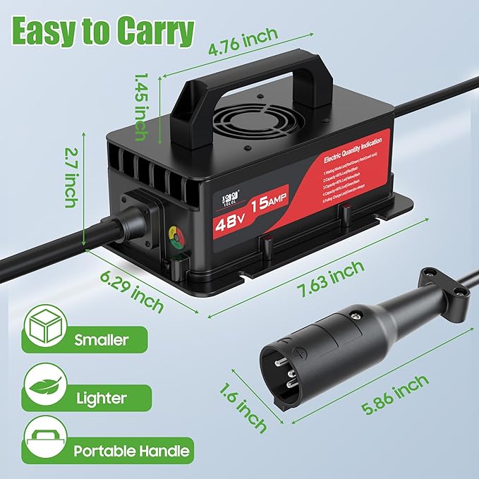 10L0L Club-Car-DS Charger 48V 15A 3-Pin Round Plug Golf Cart Rapid Charger - IP68 Waterproof, Auto Shut-Off, Smart Cooling, Aluminum Housing, Charging Indicator (Black)