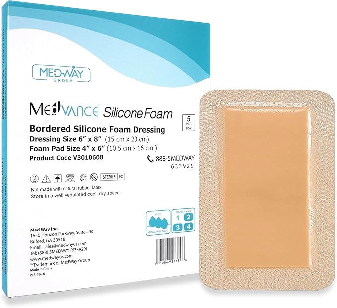 MedVance Silicone Foam Dressing - Waterproof Silicone Pad - Easy Apply & Removable Sterile Bandages - Wound Care & Dressings for Burns & More (6"x8" Bandage, 4.4"x6.4" Wound Pad) (Box of 5)
