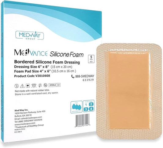 MedVance Silicone Foam Dressing - Waterproof Silicone Pad - Easy Apply & Removable Sterile Bandages - Wound Care & Dressings for Burns & More (6"x8" Bandage, 4.4"x6.4" Wound Pad) (Box of 5)