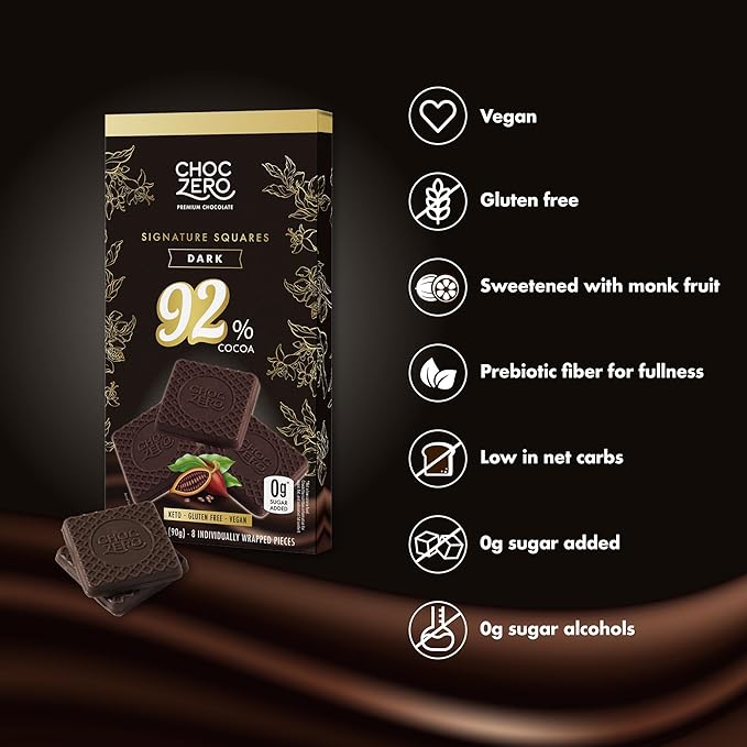 ChocZero 92% Cocoa Ultimate Dark Chocolate, Sugar Free, Low Carb, All Natural, Keto Friendly, 3.2 Ounce (Pack of 4)