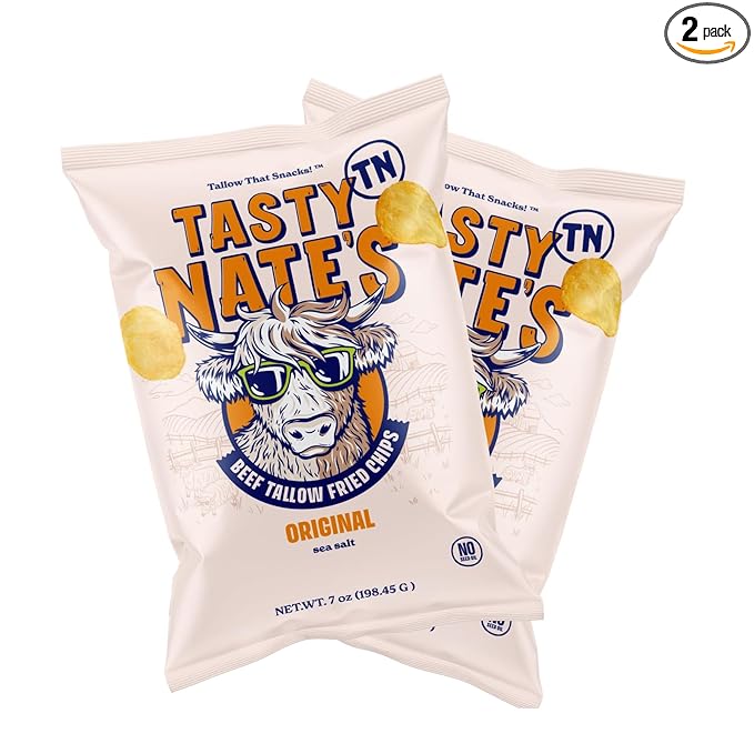 Tasty Nate’s Beef Tallow Potato Chips - Original Sea Salt, Fried in 100% Beef Tallow - Seed Oil Free Chips, Paleo Snacks for Adults, 7oz Bag - Pack of 2