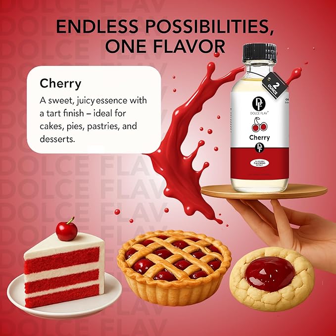 Dolce Flav Cherry Extract – 2 Ounce Oil-Soluble Kosher, Sugar-Free, Concentrated Fruity Flavor for Candy, Chocolates & Desserts, Includes Measured Dropper, Pack of 2