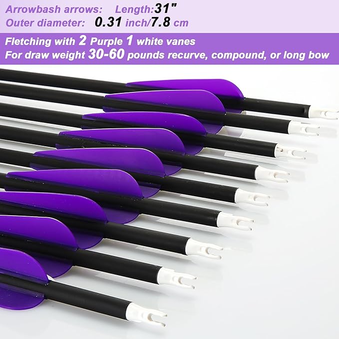 24 Pcs 31.5 Inch Arrows for Compound Bow Hunting Arrows Carbon Arrows with 3 Inch Plastic Arrow Feathers and Removable Tips 500-600 Spine Archery Target Arrows for Recurve Bow