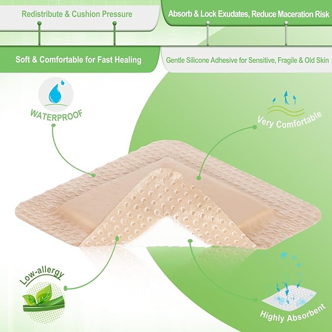 NeuHeils Silicone Foam Dressing with Gentle Border 3''x3'', 20 Packs for Bed Sore Pressure Ulcer, High Absorbency Waterproof Silicone Wound Bandage Patch