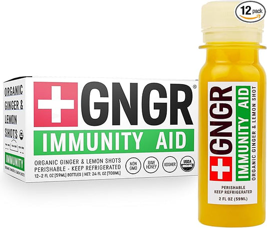 +GNGR Immunity Aid Organic Ginger and Lemon Shot - Cold Pressed Ginger Shots with Echinacea, Lemon Juice, Honey, Zinc & Vitamin D3, Immune & Digestive Support (2 Oz, Pack of 12)