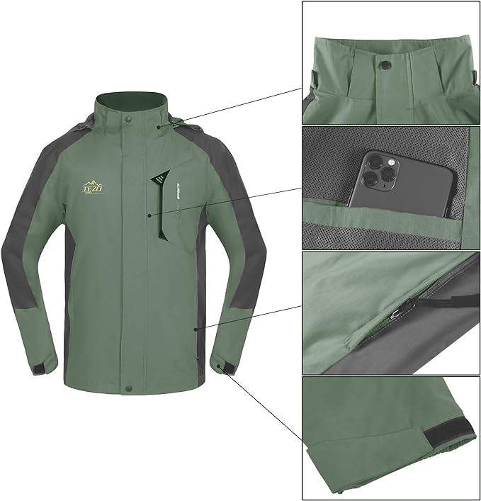 TEZO Mens Rain Jacket Waterproof with Hooded Hiking Coat Lightweight Windbreaker