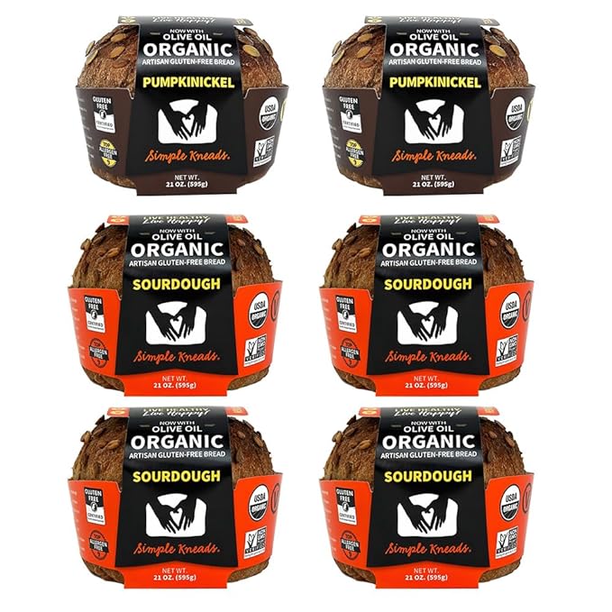 Simple Kneads Gluten-Free Savory Bread 6 Pack – Includes 4 Sourdough and 2 Pumpkinickel – Organic, Top 9 Allergen-Free, Artisan-Style Loaves-Extra Virgin Olive Oil