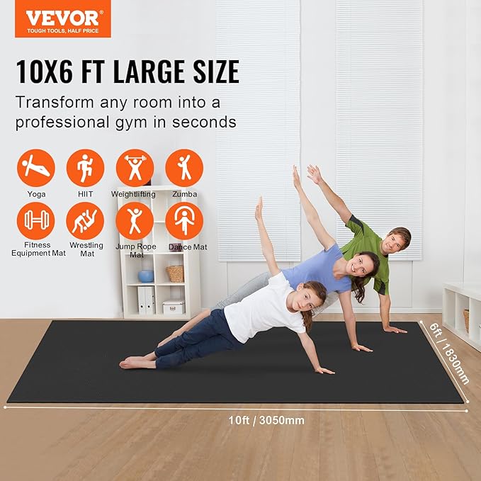 VEVOR Large Exercise Mat, Non Slip High Density Premium Yoga Mat, Exercise Yoga Mat for Men Women, Fitness & Exercise Mat with Bag & Carry Strap, for All Types of Home Yoga, Pilate & Floor Workout