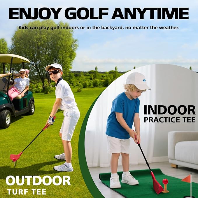 Kids Golf Club Set, Adjustable Backyard Outdoor Indoor Golf Clubs with Oversized Club Heads for Kids, Juniors, and Family Play Golf Game in Parks, Grass, Yards (Red)