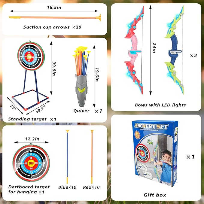Bow and Arrow Set for Kids 4-12 Years Old, LED Light Up Archery Toy with 20 Suction Cup Arrows and Standing Target, Indoor Outdoor Activity Toys for Ages 4-6 8-13
