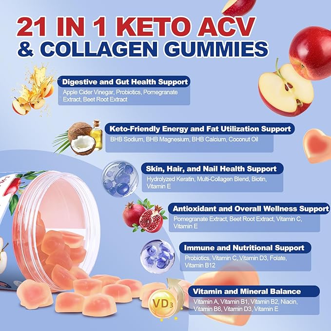 21 in 1 Keto ACV & Collagen Gummies, Sugar Free Apple Cider Vinegar Gummies with Biotin, Probiotics, Vitamins for Healthy Hair, Skin, Nails & Digestive Support, Apple Flavored, 90 Count
