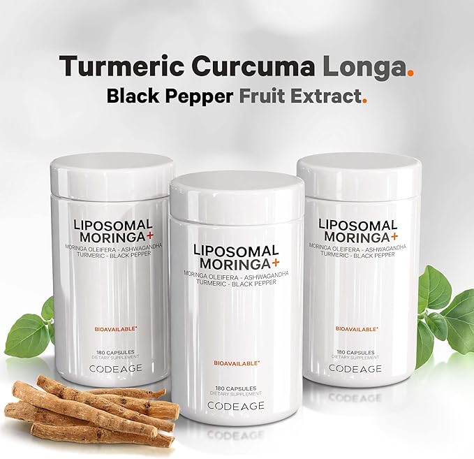 Codeage Liposomal Moringa+ Supplement, 400mg Moringa 50:1 Extract - 20,000mg Moringa Oleifera Leaf Equivalent - Turmeric, Ashwagandha, Black Pepper, 3-Month Supply, Vegan Moringa Powder - 180 Capsules