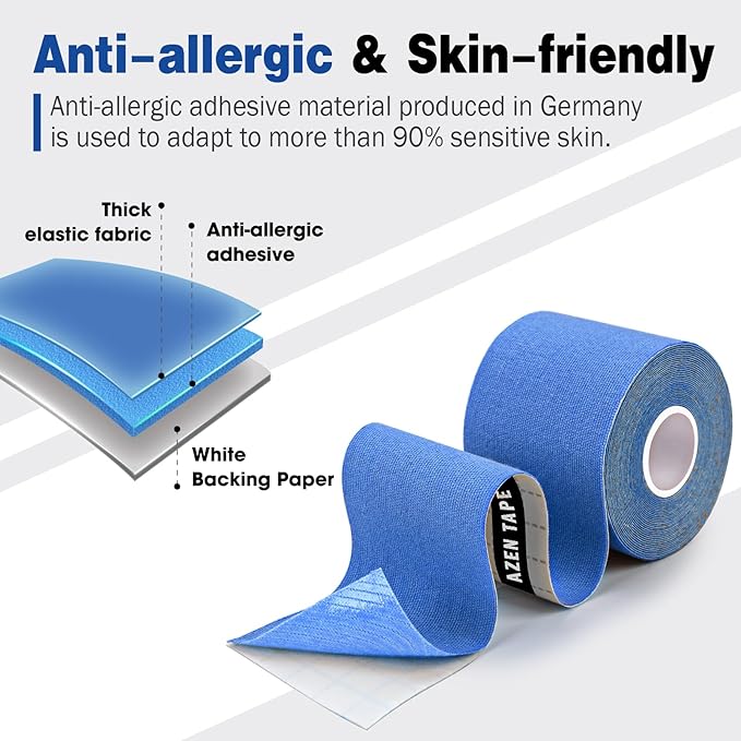 AZEN 3 Rolls Kinesiology Tape, 16.4 ft Waterproof Kinetic Tape for Joints Support and Muscle Pain Relief, Knee Tape, Uncut Muscle Tape, Athletic Tape - Blue