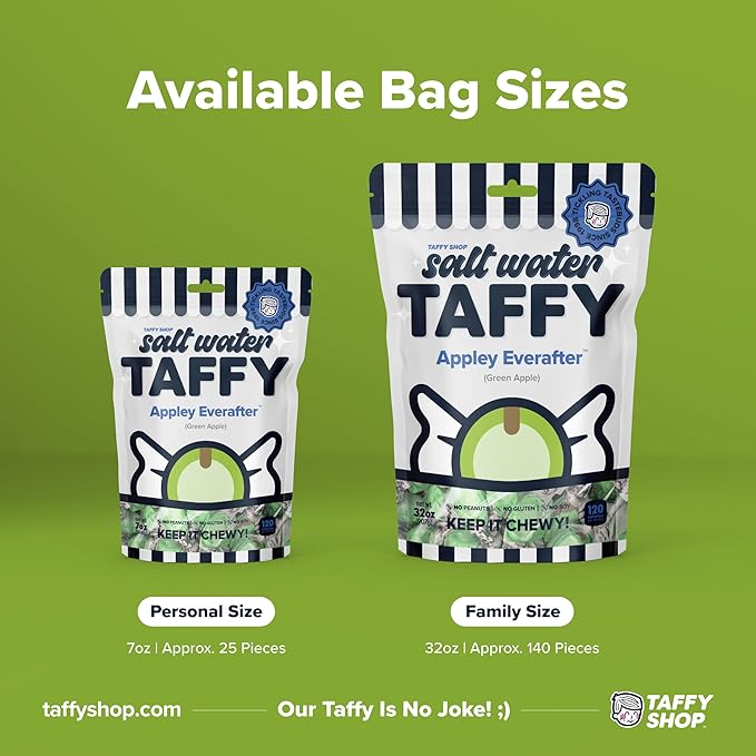 Taffy Shop Appley Everafter, Green Apple Salt Water Taffy – Gourmet Soft Chewy Candy, Bulk Sweet Snack, Fresh Gift & Gluten-Free, 35 Individually Wrapped Pieces (7oz)