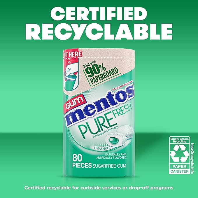 Mentos Pure Fresh Spearmint Sugar Free Chewing Gum With Xylitol Sweetener, Paperboard Bottle, 80 Pieces