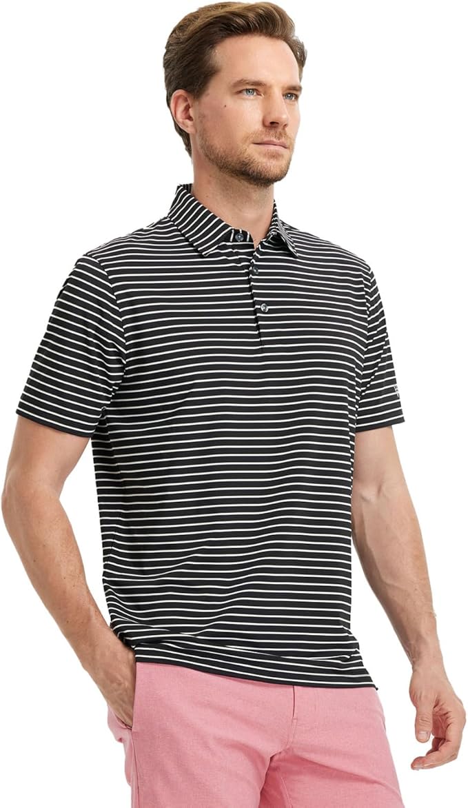 M MAELREG Golf Shirts for Men Moisture Wicking Striped Polo Performance Dry Fit Business Sports Mens Polo Shirts Short Sleeve