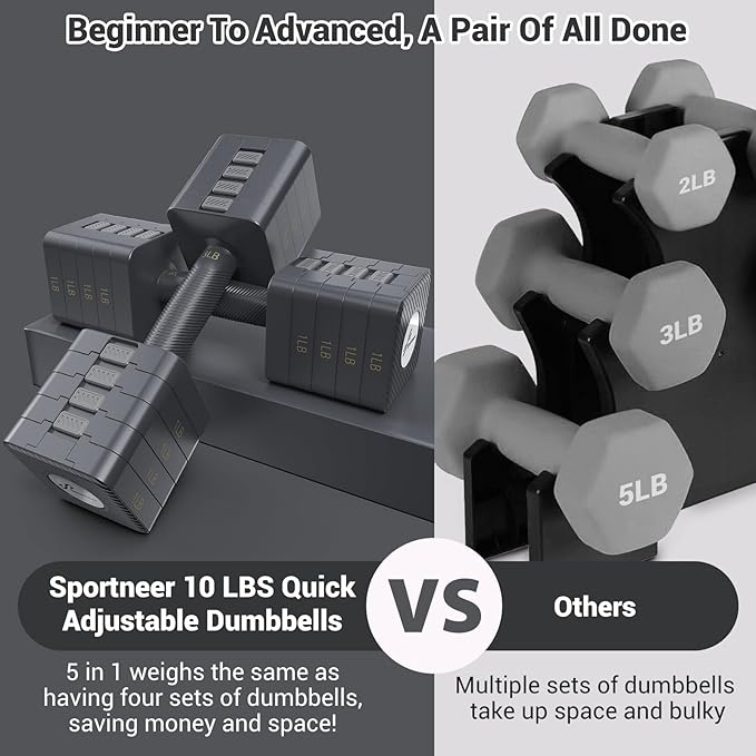 Adjustable Dumbbells Hand Weights Set: Sportneer 5 in 1 Weight Adjustment 10 LB Dumbbells Set of 2 Free Weights Fast Adjust Dumbbell Weight Set for Women Men Home Gym Exercise Workout Strength