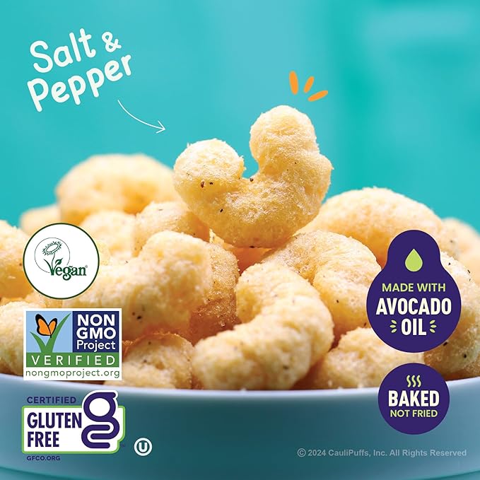 CauliPuffs - Corn, Rice, and Cauliflower Gluten Free Puffed Snack (5 x 3.0oz Bags, Vegan Salt & Pepper)