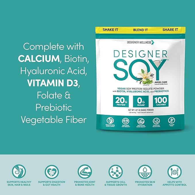 Designer Wellness, Soy Isolate Protein Powder with Biotin, Hyaluronic Acid, and Prebiotics, Vegan, 0 Sugar, Non-GMO, Angel Cake Vanilla, 1.87 lb