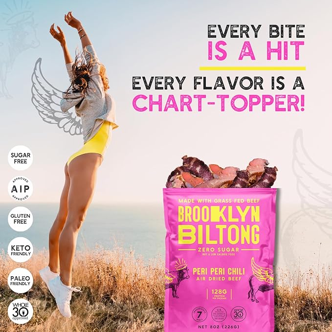 Brooklyn Biltong Air Dried Grass Fed Beef Snack, South African Beef Jerky (2 oz, Pack of 2) - Whole30 Approved, Paleo, Keto, Gluten Free, Sugar Free, Made in USA - (Peri Peri)