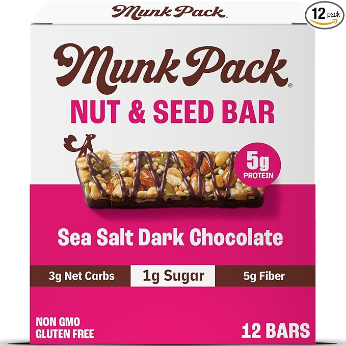 Munk Pack Nut & Seed Snack Bars - 5g Protein, 1g Sugar, 3g Net Carbs, Low Sugar, Keto, and Gluten Free Snack for Adults and Kids, Sea Salt Dark Chocolate – 4.92 oz, 12 Pack