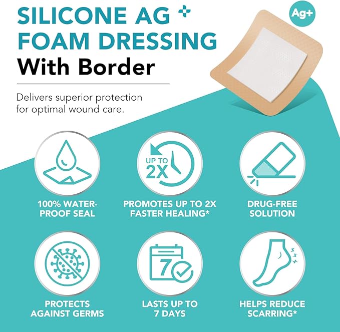 Silicone Foam Dressing Ag Sterile Wound Bandage with Waterproof Gentle Silicone Adhesive Border (5 Packs), 4"x 4" Breathable Ultra Absorbent Pads (4x4 Inch (Pack of 5))