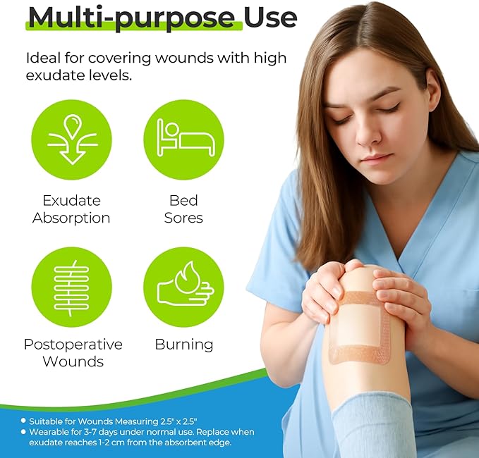 AUVON Silicone Foam Dressing 4" x 4" with Large Adhesive Border, 22 Packs Wound Dressing Bandage with High Absorbency, Waterproof Bed Sore Bandages, Silicone Foam Pad for Wound Care