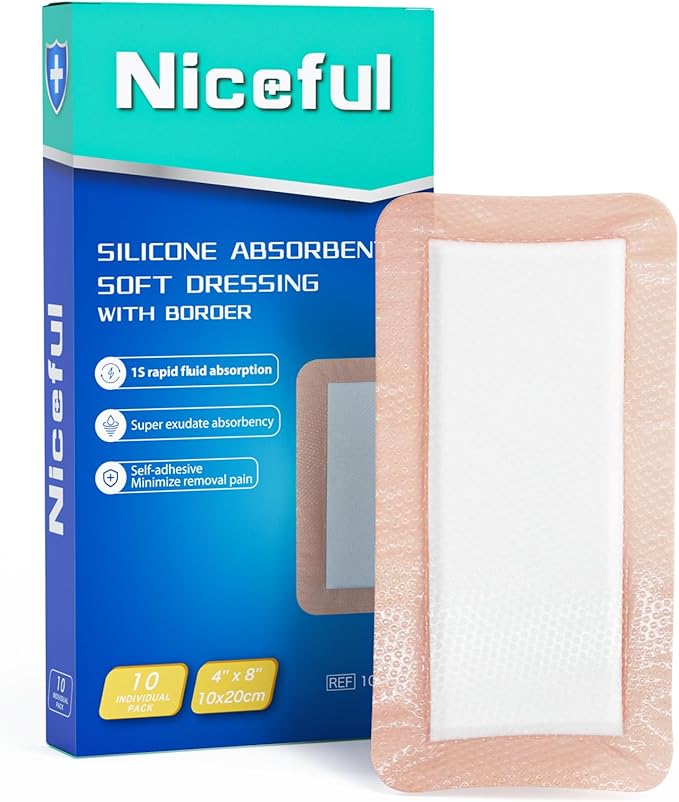 Silicone Super Absorbent Wound Dressing - 4"×8" Large Absorbant Bandages with Adhesive Borders, FSA HSA Eligible, Wound Care Dressings for Bed Sores Leg Ulcers
