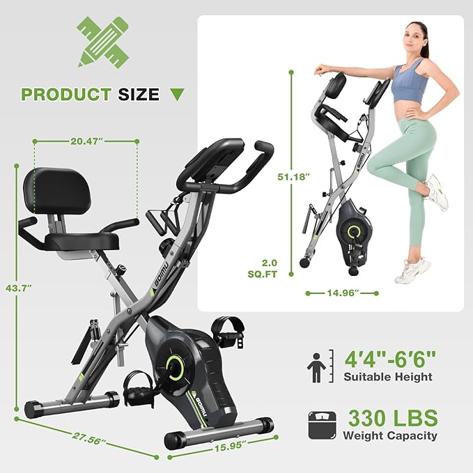 Exercise Bike, 5 in 1 Foldable Stationary Bike for Seniors, 16-Level Adjustable Magentic Resistance, Indoor Recumbent Bike with 330LB Capacity, Comfortable Seat Backrest