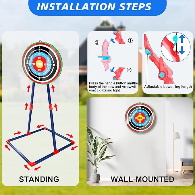 Bow and Arrow Set for Kids 4-12 Years Old, LED Light Up Archery Toy with 20 Suction Cup Arrows and Standing Target, Indoor Outdoor Activity Toys for Ages 4-6 8-13