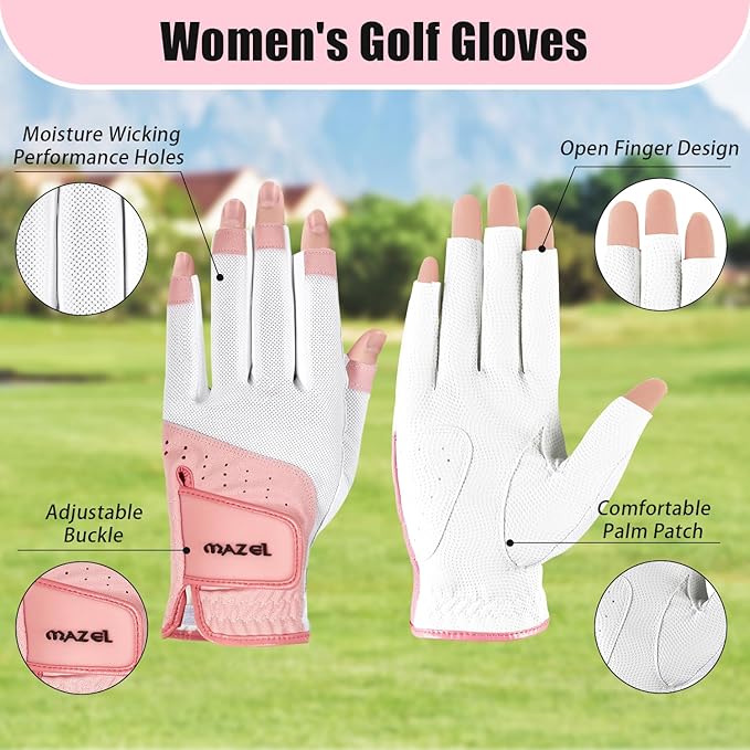 MAZEL Women's Fingerless Golf Gloves One Pair Open-Finger Design,Breathable Hot Wet Weather Sweat-Absorbing,Fit Size S M L XL