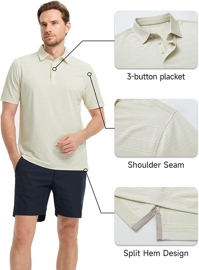 Rouen Polo Shirts for Men Dry Fit Performance Heather Stripe Golf Polo Moisture Wicking Lightweight Breathable Golf Shirts