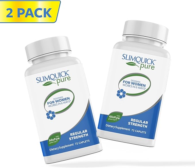 Slimquick Pure 3x Regular Strength Pills for Women to Help Achieve Weight Goals, Helps Metabolism, Lose Excess Water, Keeps Full for Longer with AlloPure Green Tea, Caffine, Caste Tree - 2x72 Capsules
