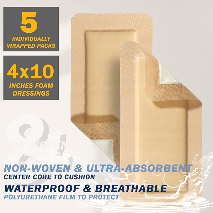EVERLIT Care Silicone Foam Dressing with Adhesive Border | Highly Absorbent Hypoallergenic Bandages for Chronic Wounds, Bed Sores, Pressure Ulcers | Gentle & Secure Adhesion (4" x 10" | 5 Pack)
