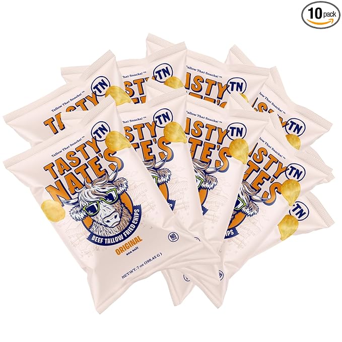 Tasty Nate’s Beef Tallow Potato Chips - Original Sea Salt, Fried in 100% Beef Tallow - Seed Oil Free Chips, Paleo Snacks for Adults, 7oz Bag - Pack of 10