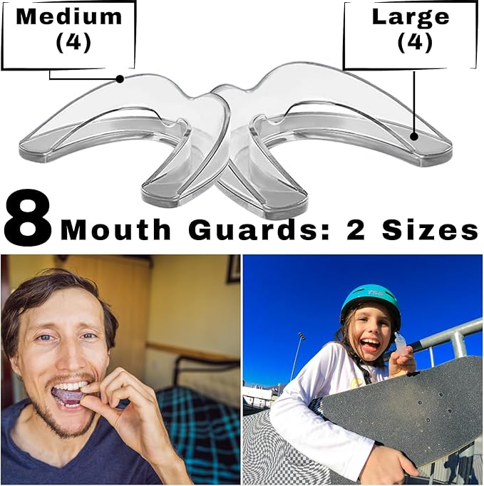 Mouth Guard for Grinding Teeth at Night Guards for Teeth Grinding 8-Pack (2 Sizes) and 2 Travel Cases Trimmable Design Hot Water Fit Mouthguard for Tooth Protection