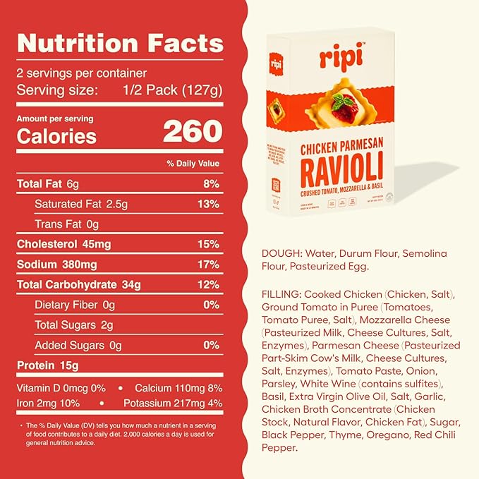 Ripi Chicken Parmesan Ravioli - Crushed Tomatoes, Mozzarella & Basil - Frozen Pasta Meal - Ready in Under 5 Minutes, 9oz packs (6 Pack, Chicken Parmesan)